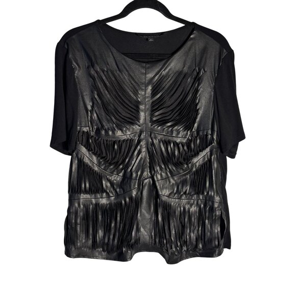 Boundary & Co. Black Fringe Top With Faux Leather Panels Size L - Picture 2 of 9
